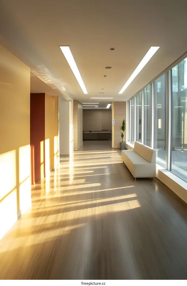 Modern Office Corridor with Sunlight Streaming Through Windows