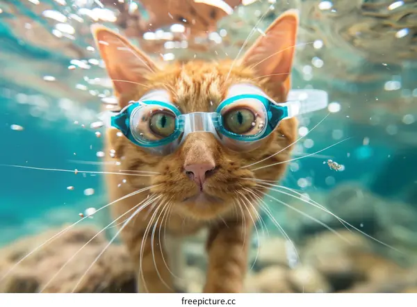 A ginger cat wearing blue-framed goggles is swimming in the water