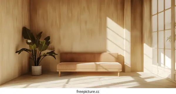 Minimalist Living Room with Beige Sofa and Plant in Corner