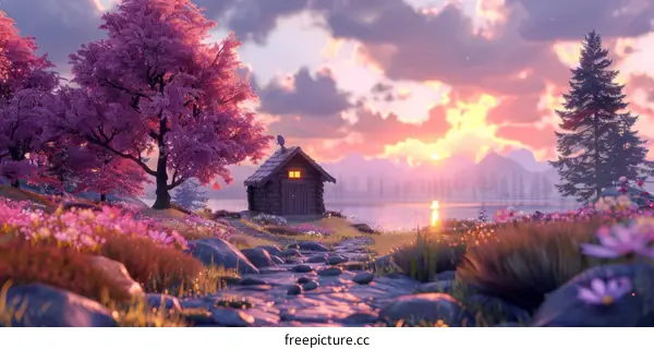 Fantasy Landscape with a Secluded Cabin by the Lake