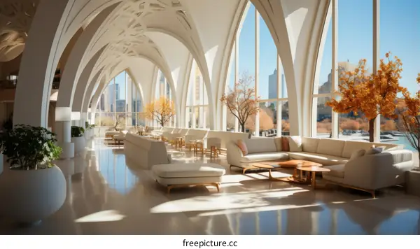 Modern bright sunlit hotel lobby interior with large windows