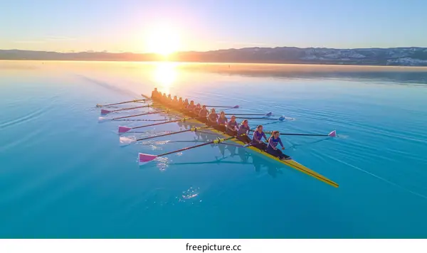 Rowing team sculling across calm lake at sunrise