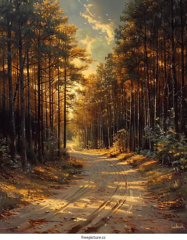 Country road in the middle of a dense forest with tall trees and a bright sky