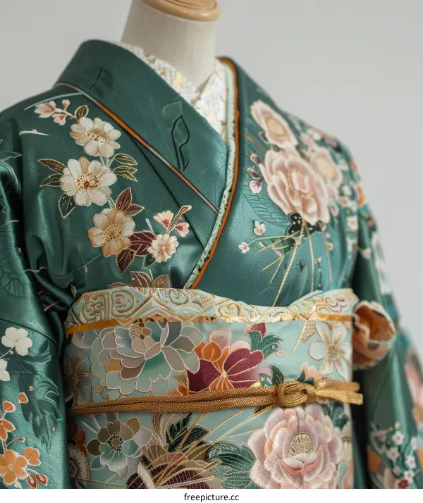A close-up of a green kimono with floral embroidery