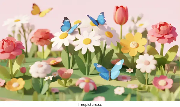 Vibrant 3D Illustration of Colorful Flowers with Fluttering Butterflies