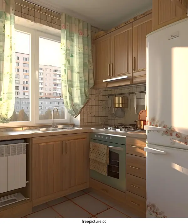 Modern Kitchen Interior Design with Wooden Cabinets and White Appliances