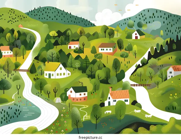 Green Landscape With Winding Road and Village Houses