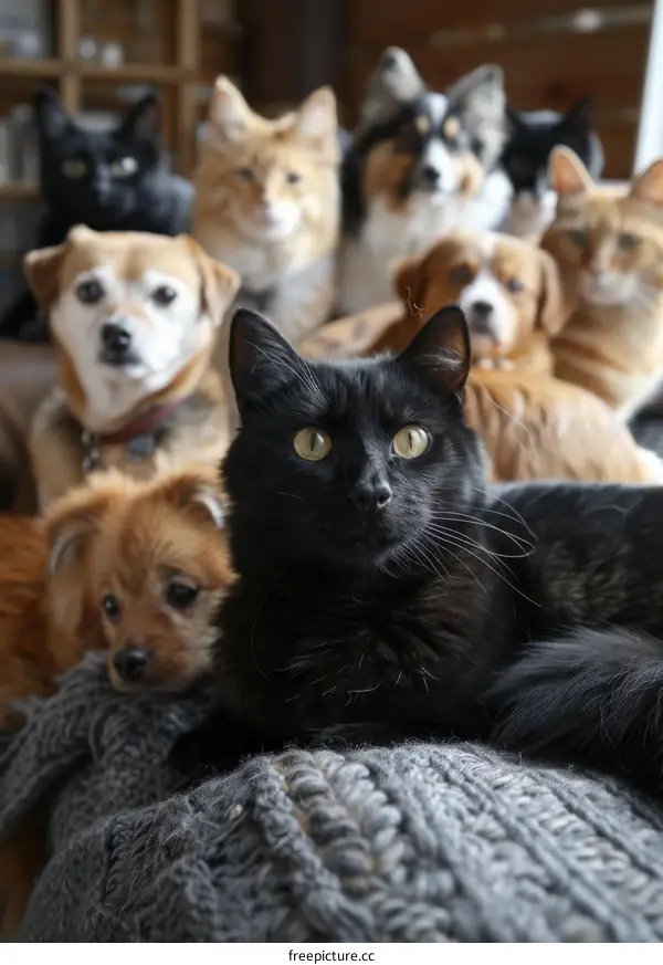 A black cat is sitting in front of a group of dogs and cats