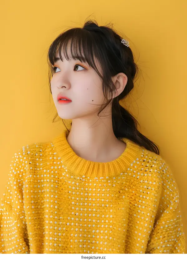 Young Asian Woman in Yellow Knit Sweater Looking Away