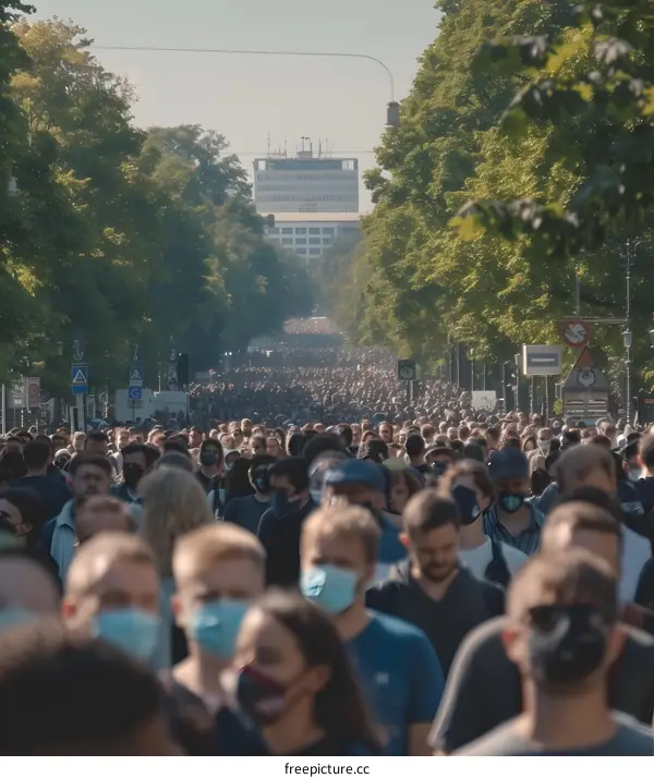 Large Group of People Walking Down a Street Wearing Masks