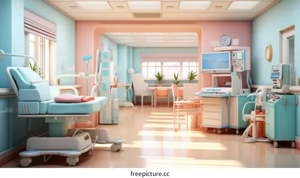 A hospital room with a bed, medical equipment, and a computer.