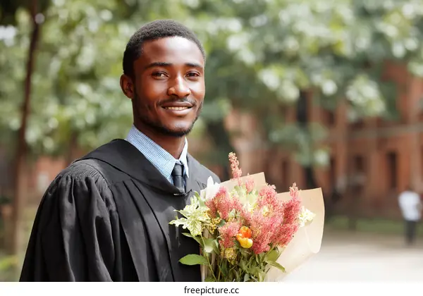 African American Graduate Holding Flowers at Graduation Ceremony