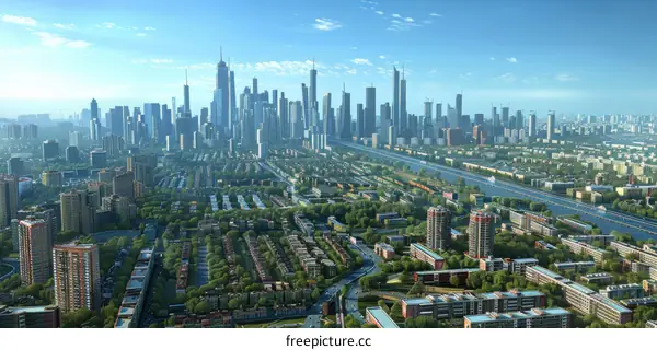 A cityscape with a river running through modern buildings