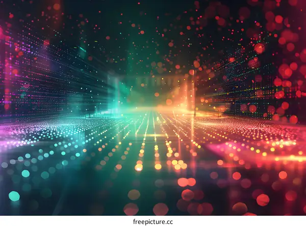 Colorful bokeh background with glowing particles and shiny light effects