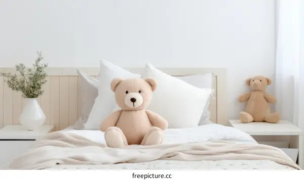 A cute teddy bear sitting on a bed with a blanket and a vase of flowers on the nightstand