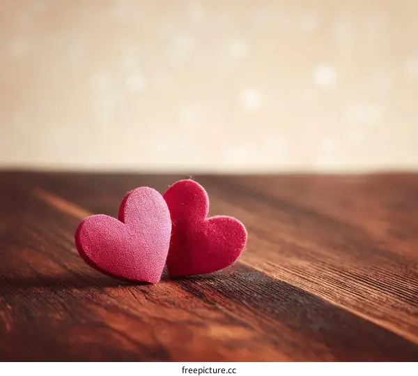 Two Pink Hearts on Wooden Background