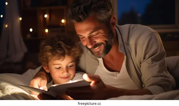 Father and son reading a book together in bed