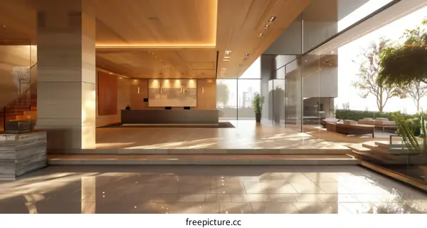 Modern hotel lobby interior with wooden ceiling and marble floor