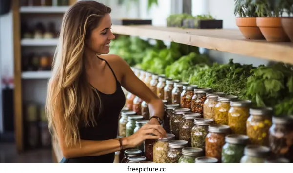 Young woman shopping for organic bulk food in a sustainable grocery store