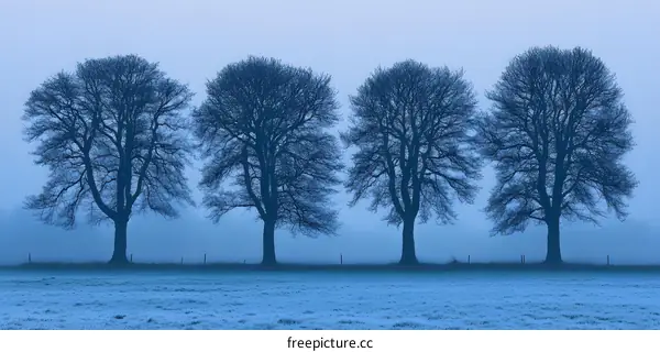 Four Bare Trees Silhouetted Against a Blue Sky