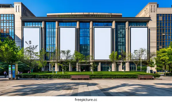 Modern Building With Blank Billboards In City