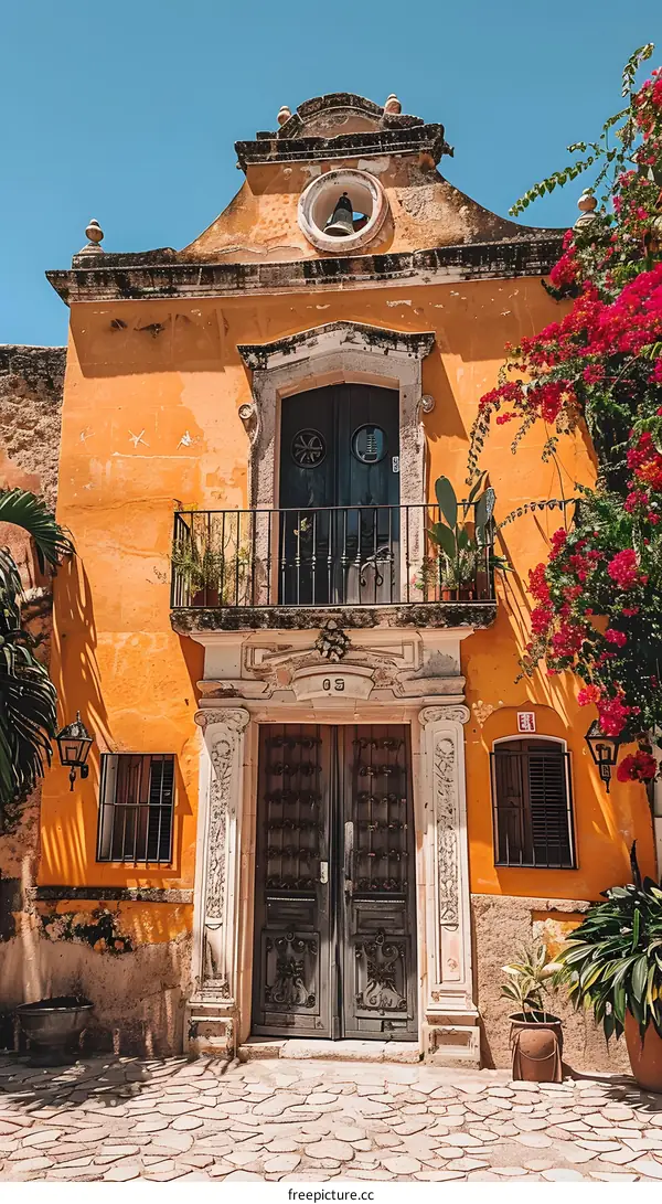 A colorful colonial building with a blue door