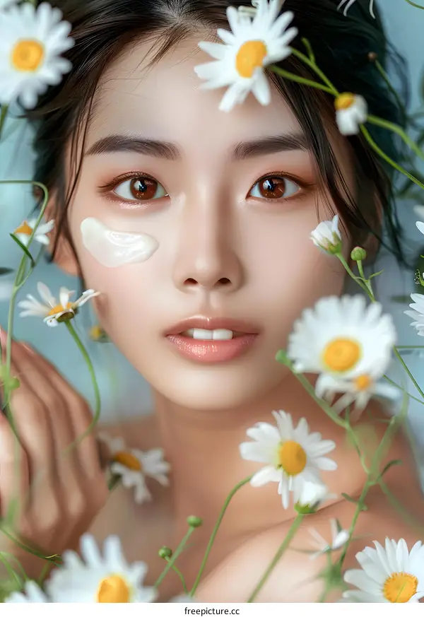Closeup Portrait of a Young Woman with Daisies
