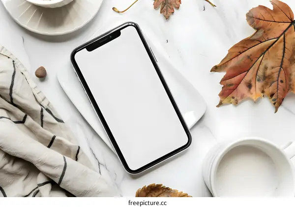 Flat Lay of Mobile Phone with Autumn Leaves