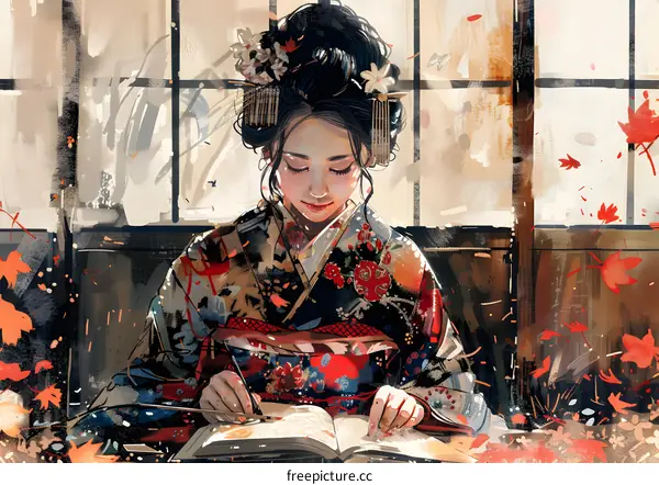 Woman in Traditional Japanese Kimono Writing in a Notebook