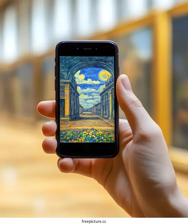 Hand Holding Smartphone Showing Painting of Cityscape