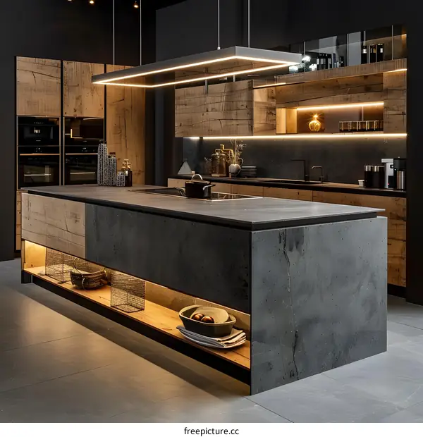 Modern Kitchen Island with Grey Stone Countertop and Wooden Cabinets