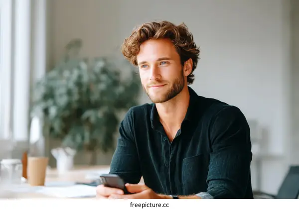 Young Caucasian Man Using Smartphone in Office