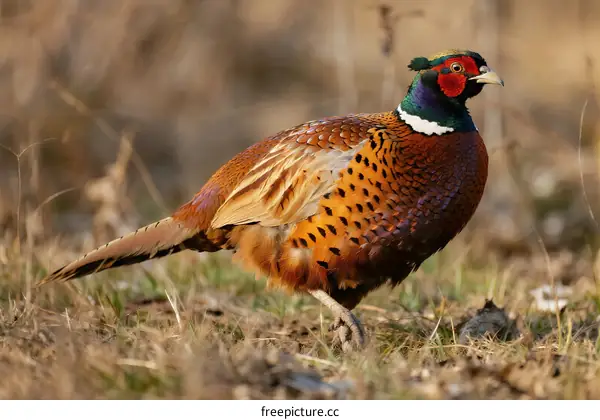 Colorful male pheasant standing on grassy field