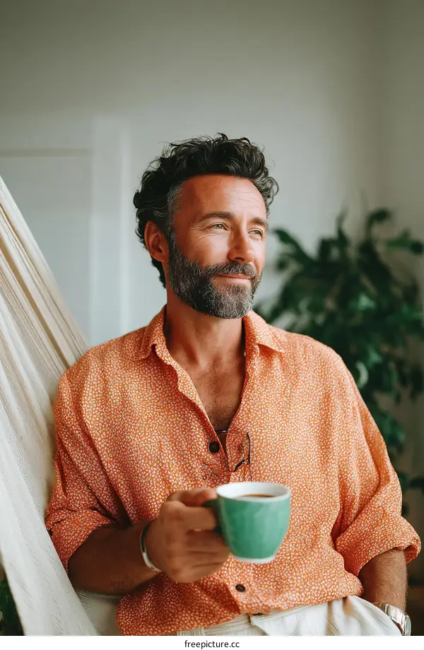 Man sitting on chair holding green coffee cup in bright room