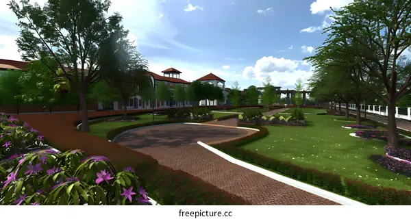 Landscaped Garden with Brick Pathway and Green Trees