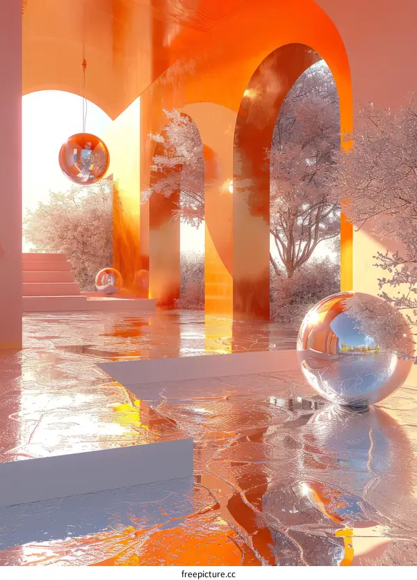 Mesmerizing Pink and White Surreal Landscape with Majestic Arches and Reflective Spheres