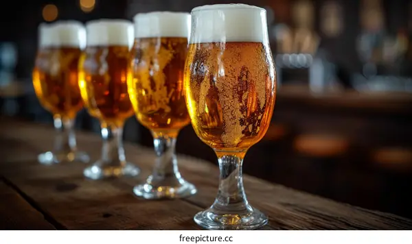 Craft beers in different glasses on a wooden bar counter