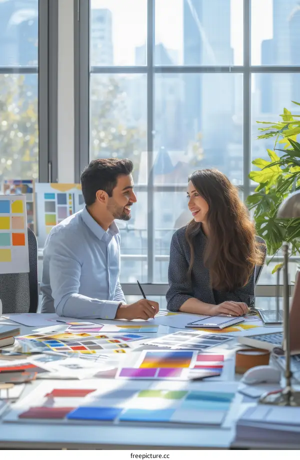 Two business people discussing ideas in an office
