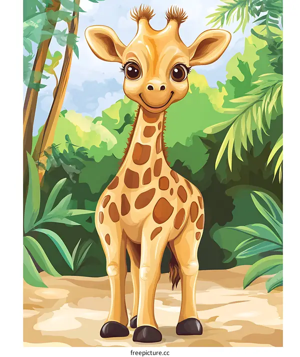 Cute Cartoon Giraffe in Tropical Forest
