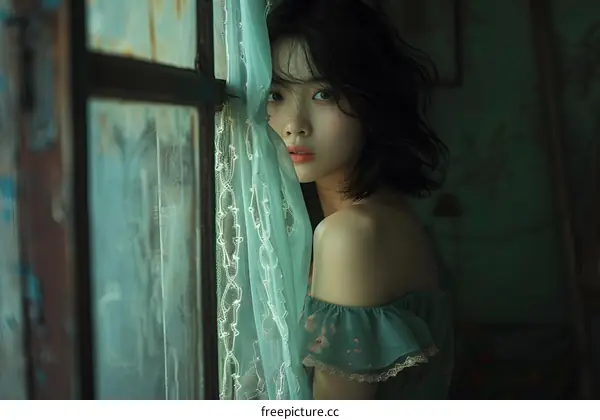 A girl with short hair is looking out the window