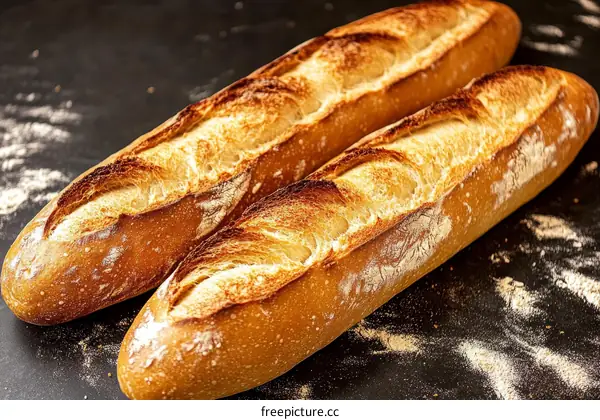 Two Freshly Baked Baguettes on Dark Surface