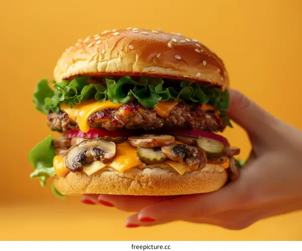 A hand holding a delicious cheeseburger with mushrooms, lettuce, and pickles
