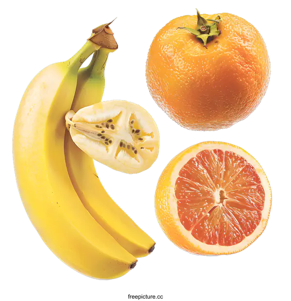 [Transparent Background PNG]Fresh Fruit Banana Orange and Grapefruit on White Background