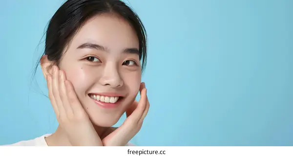 Smiling Asian Woman Posing with Hands on Cheeks Against Blue Background
