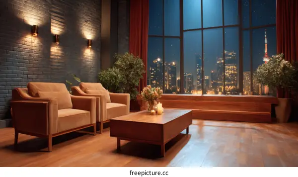 Modern Loft Living Room with City View Illustration