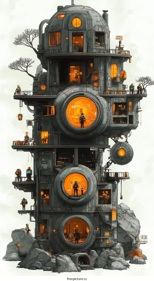 Steampunk City Tower with Inhabitants