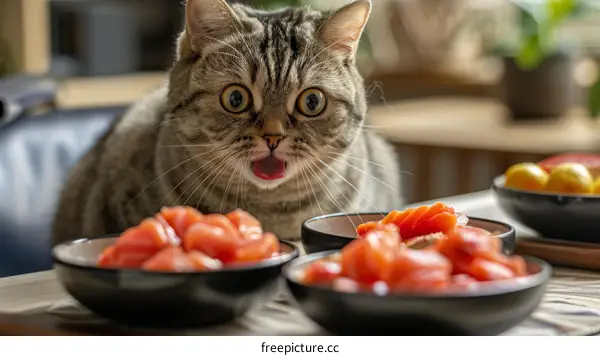 Cat Looks at Fish with Eyes Wide Open