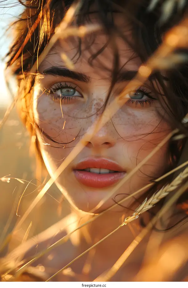 Woman With Freckles Looking Through Grass