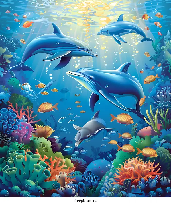 Underwater Scene with Dolphins and Coral Reef