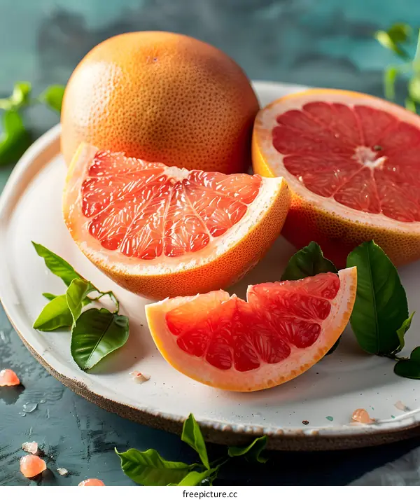 Fresh Grapefruit Slices on Plate with Green Leaves